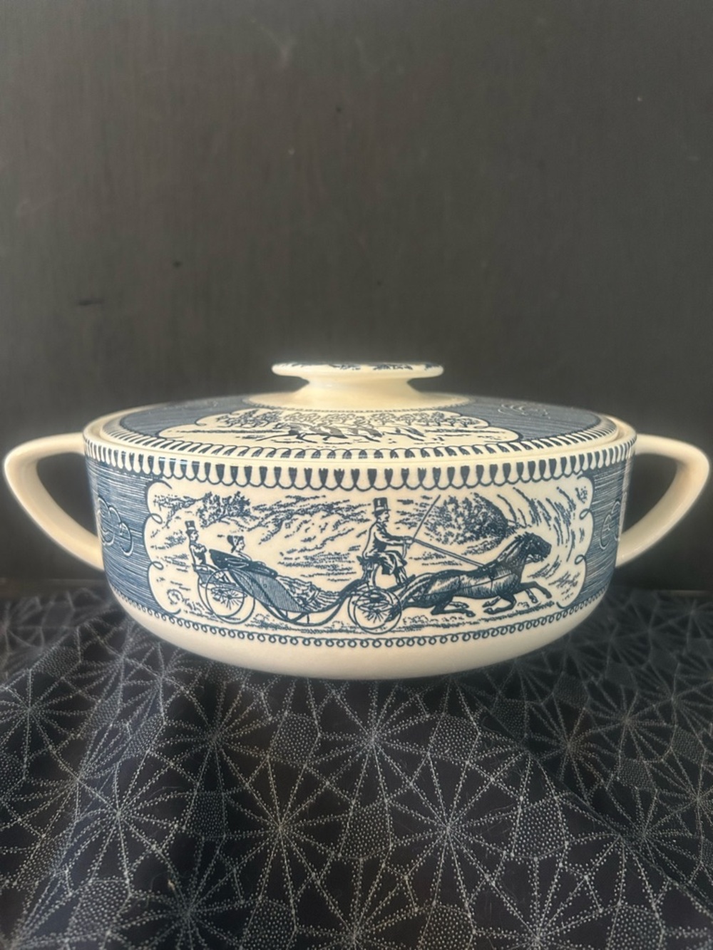 Royal Currier and Ives Blue Ironstone 1.25 qt Covered Casserole Dish 1950’s